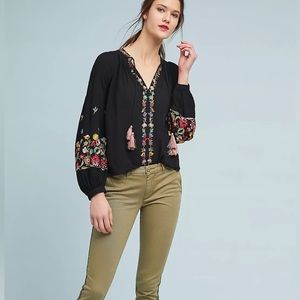 Anthropologie Maeve Lanie Peasant Top In Black Embroidered Size Small